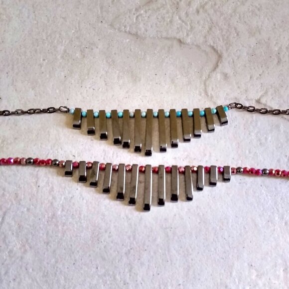 Ocean Soul & Earth Strength. Unique Hematite + Larimar Fan Necklace - Picture 7 of 8